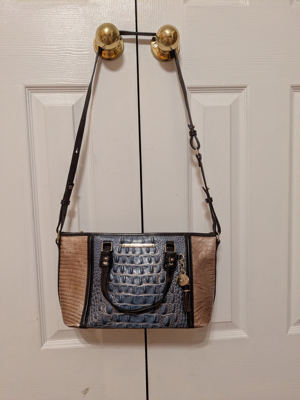 Brahmin Croc-Embossed Mini Asher Satchel in Blue and Tan
